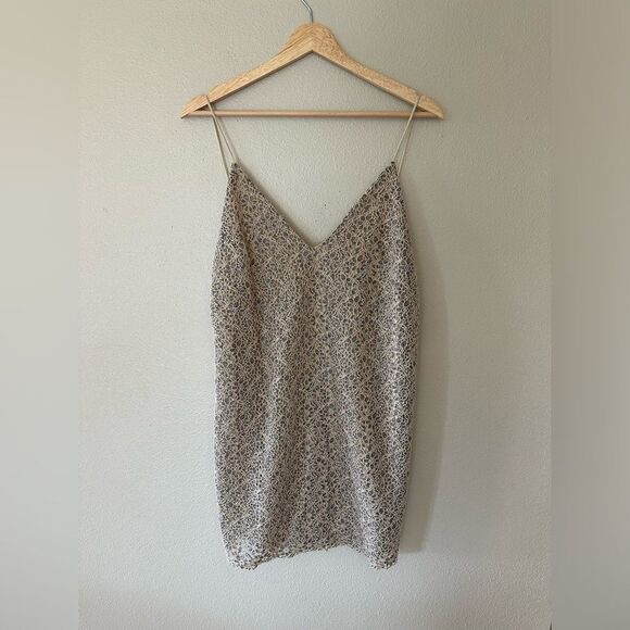 Zara Lace Strappy Tank Slip Open Back Mini Dress Grey Beige Size M - Picture 1 of 10